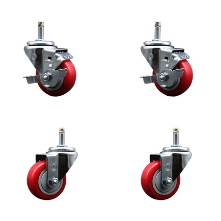 Service Caster 3'' Red Poly Wheel Swivel 7/16'' Grip Ring Stem Caster Set 2 Brakes, 4PK SCC-GR20S314-PPUB-RED-TLB-716138-2S2
